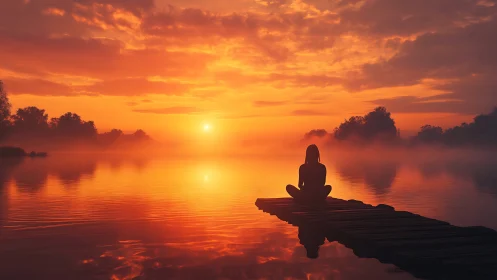 Silhouetted figure meditating on pier at luminous lake sunrise