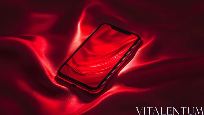 Modern smartphone on glowing red silk, luxurious digital style.