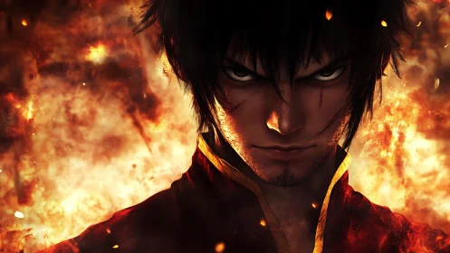 Brooding fire-wielder stands defiantly amid blazing inferno.