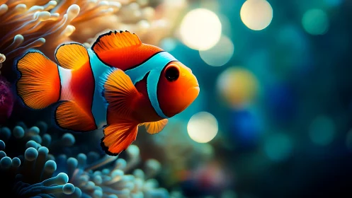 Clownfish drifts like a tiny lantern through neon sea bokeh