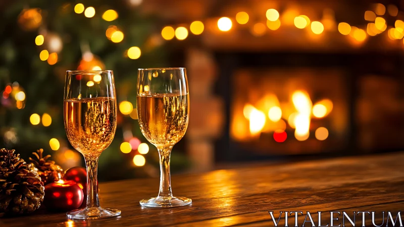 Sparkling holiday wine glows beside a crackling fireplace.