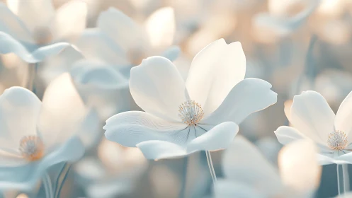 White flowers in close focus with soft ambient light.