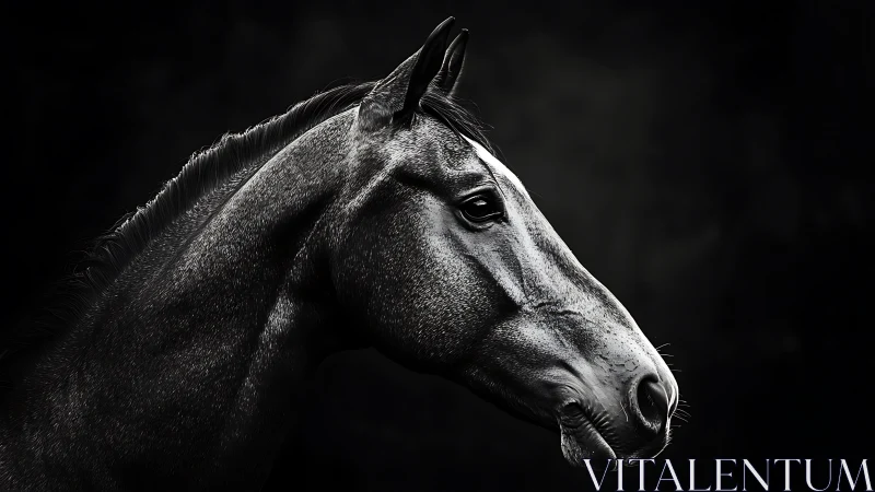 Black and white side profile portrait of a strong horse