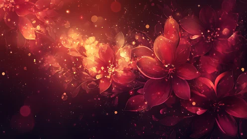 Luminescent Red Flowers with Golden Particles.