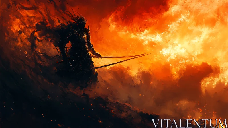 Blazing sword guardian standing firm in a storm of fire.