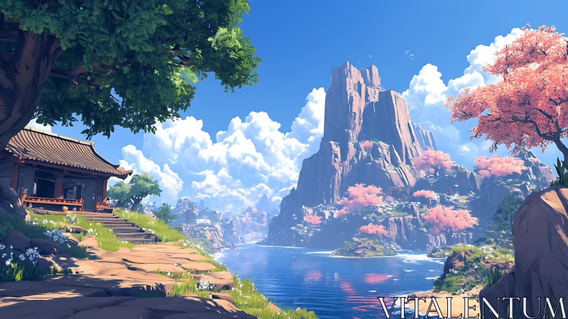 Mountain lake landscape with temple and cherry trees.