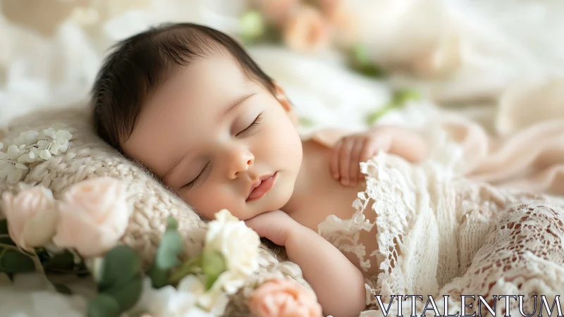 Sleeping infant arranged with pale roses and white lace fabric