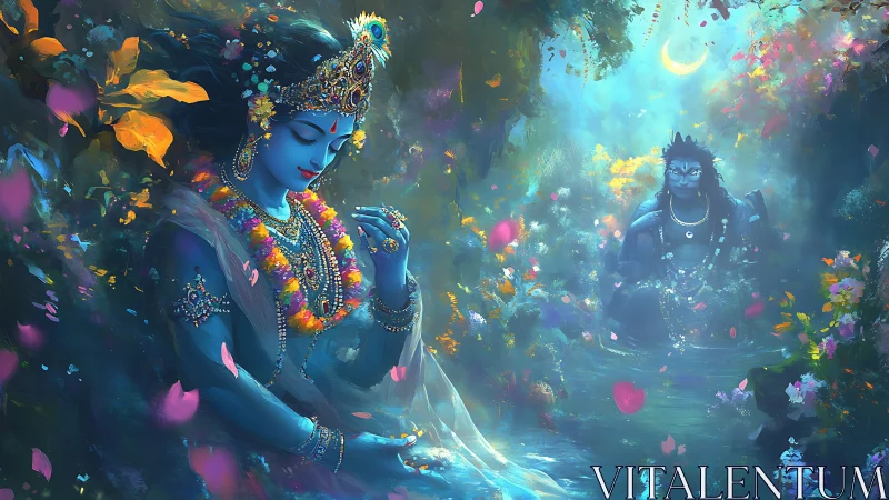 Mystical blue deities share a tranquil moment in glowing forest