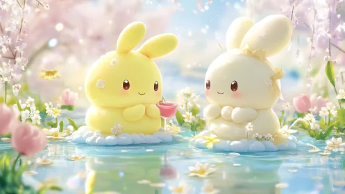 Soft pastel bunnies sharing a drink on a spring pond.