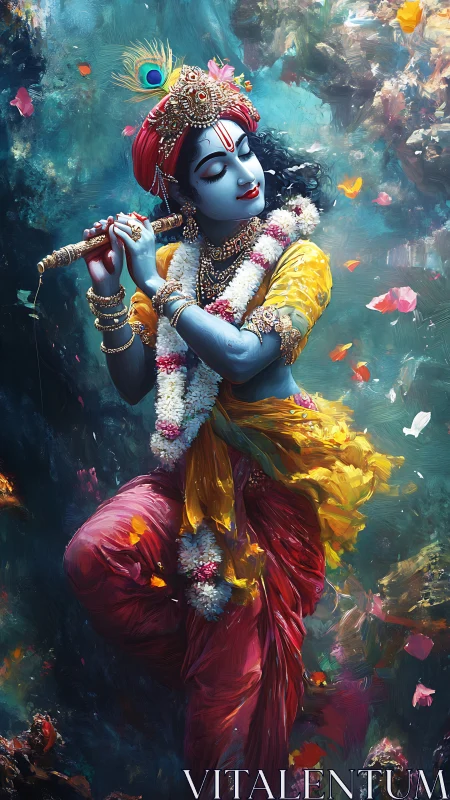 Blue-skinned flute player in ornate attire amid petals.