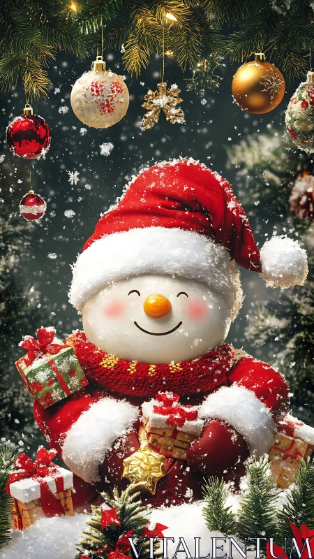 Snowman’s cozy Christmas cheer under sparkling branches.