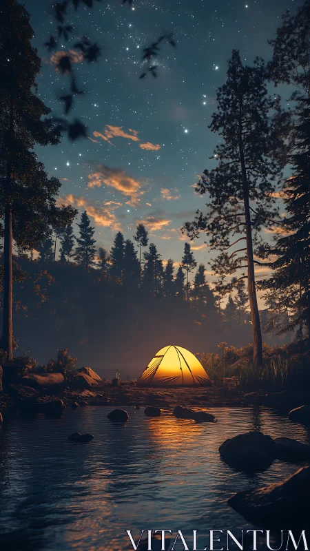 Starlit riverside campsite glowing softly under night sky.