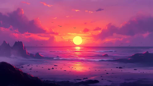 Radiant sun descending over violet-tinted ocean horizon.