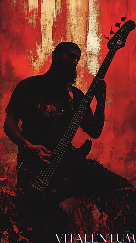Silhouetted metal bassist outlined against distressed red brush field