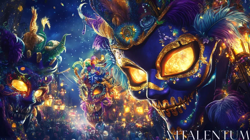 Midnight carnival masks glowing with electric festival magic.