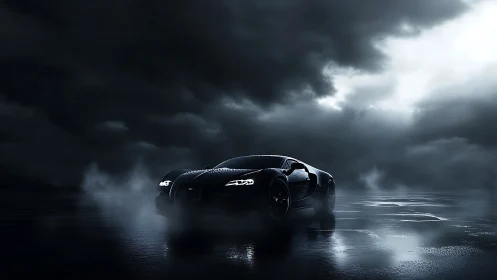 Midnight supercar emerging through stormlit coastal fog.