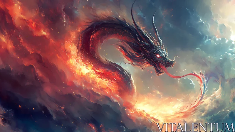 Fiery sky dragon swirling through glowing storm clouds.