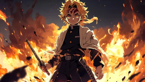 Sword-wielding anime figure stands before large flame field