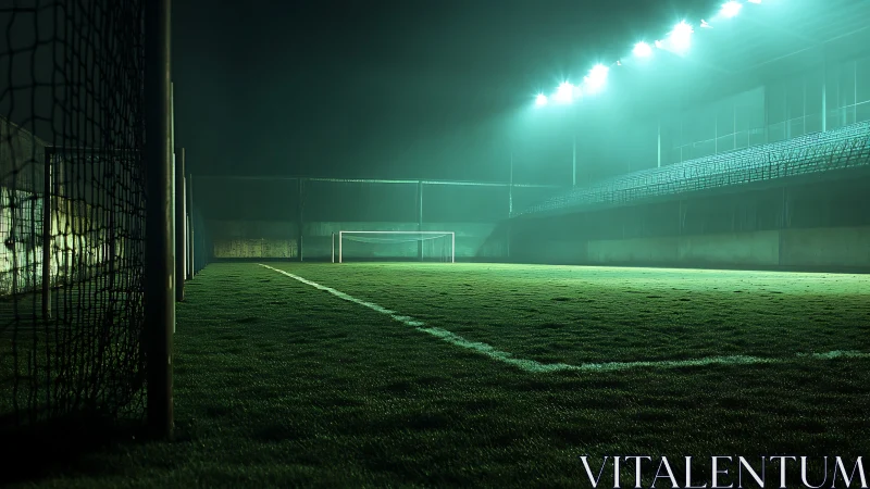 Photorealistic nocturnal football pitch under misted floodlights.
