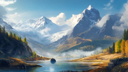 Digital alpine lake vista under towering snow peaks.