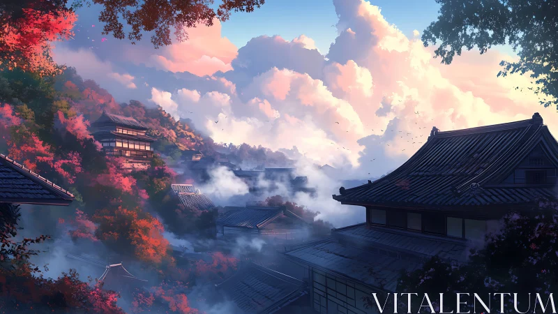 Autumn mist over tiered Japanese temples at cloudlit sunrise