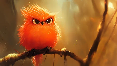 Fluffy Orange Cartoon Owl Perched on Branch in Warm Digital Art.
