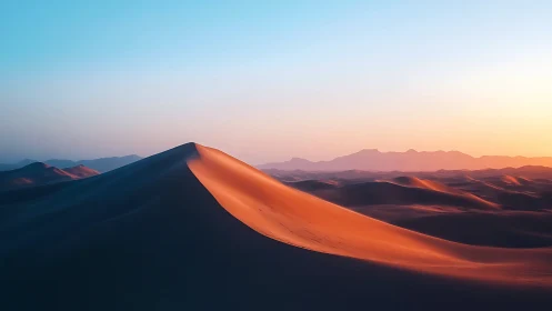 Sunlit sand dune ridge curves through desert at sunrise