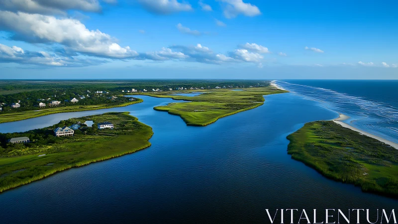 Coastal river gently meeting the sea under bright blue skies.