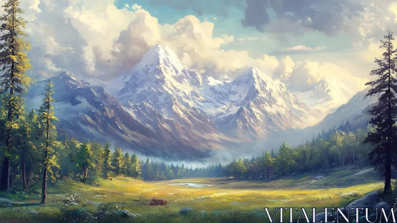 Sunlit mountain meadow wrapped in peaceful morning clouds.