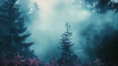 Misty Alpine Forest with Solitary Larch Spire.
