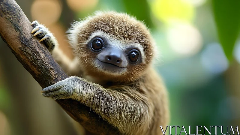 High-resolution close-up of juvenile sloth on arboreal support.