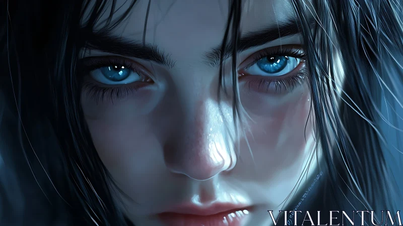 Intense icy stare in hyperreal blue-toned portrait close-up.