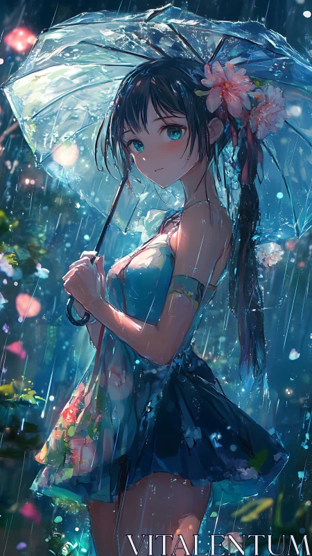 Rainlit flower girl beneath a crystal umbrella of dreams.