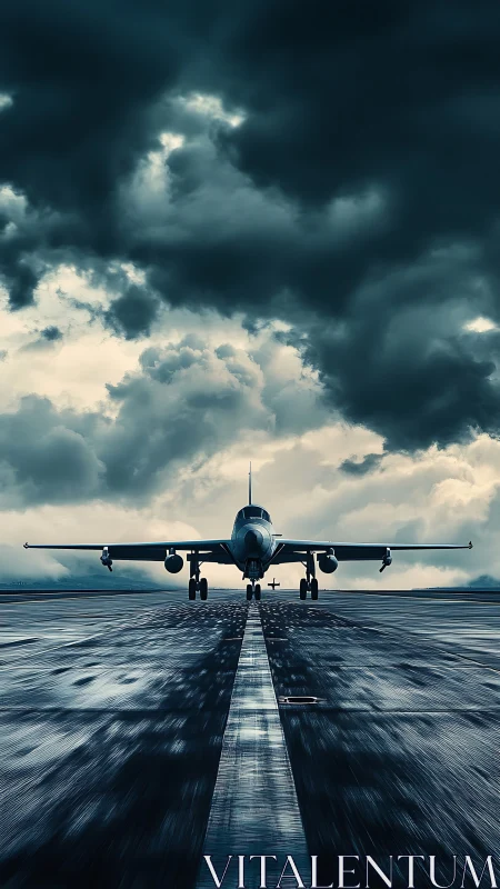 Stormlit jet leans into the runway, chasing a narrow horizon