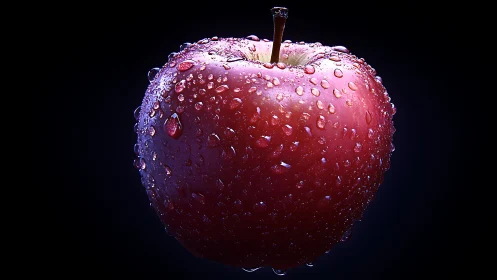 Dew-covered red apple glows dramatically against dark void