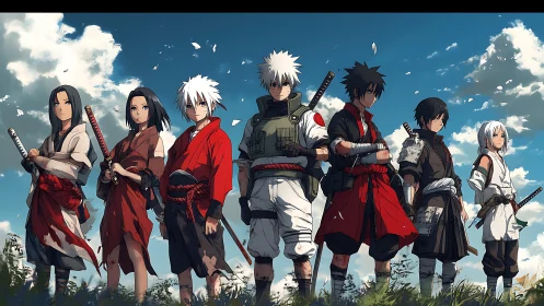 Anime ensemble of armed warriors in panoramic sky-lit lineup.