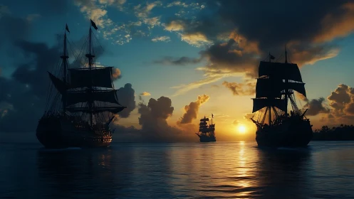 Tall ships crossing sunset bay under dramatic clouds.