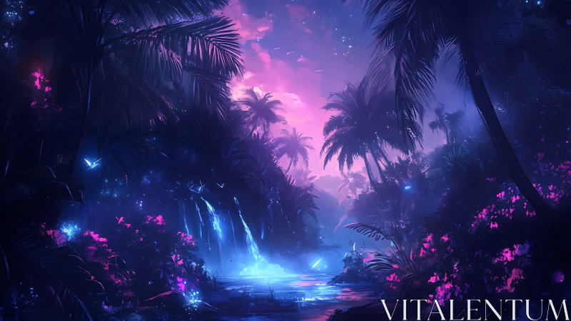 Neon-lit alien jungle river rendered with high-contrast bioluminescent glow