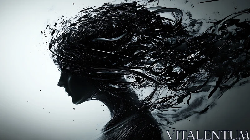 Silhouette portrait with flowing abstract black ink hair.