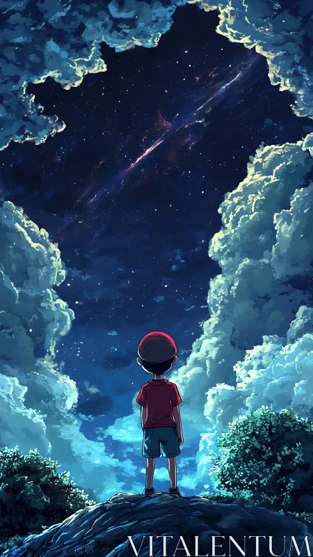 Nocturnal cloud aperture framing child under stellar rift.