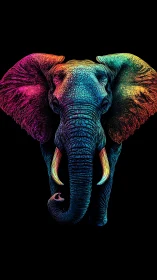 Neon spectrum elephant portrait with high contrast black ground
