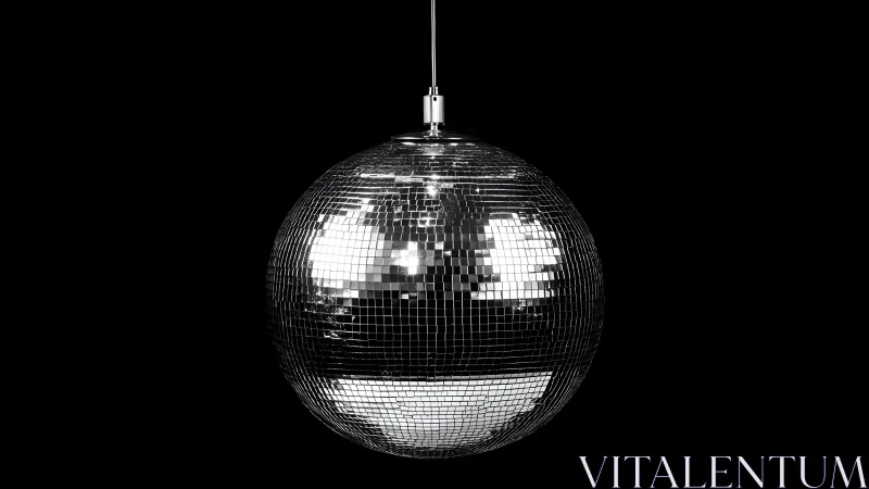 Chrome disco ball glows against deep black background.