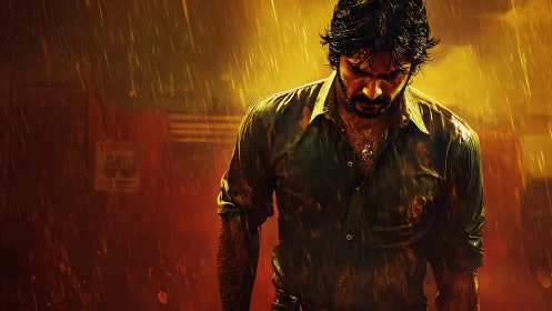 Soaked man in heavy rain under intense golden lighting.