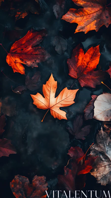 High-contrast maple foliage drifting on dark aqueous surface.