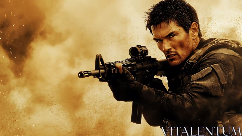 Soldier aims rifle through dense yellow battlefield smoke