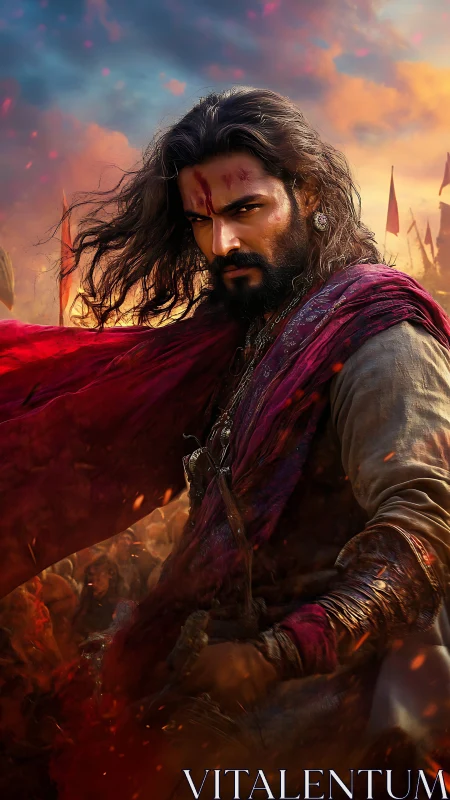 Battle-worn warrior in red cloak amid fiery battlefield.