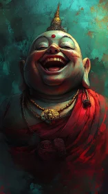 Humanlike laughing statue rendered in saturated digital paint