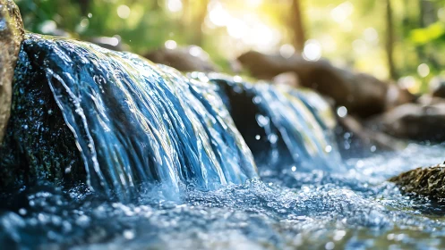 Sunlit forest stream cascade in sparkling close-up view.