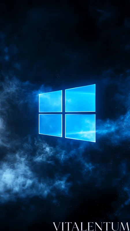 Glowing blue window symbol centered in a dark nebulous field