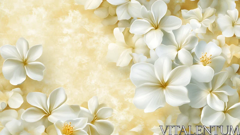 White flowers with golden centers against textured yellow background.